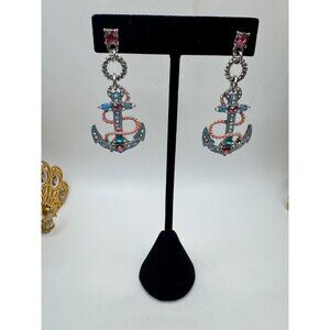 Anchor Design Rhinestone Dangle Earrings With Rope Detail & Pink Stones